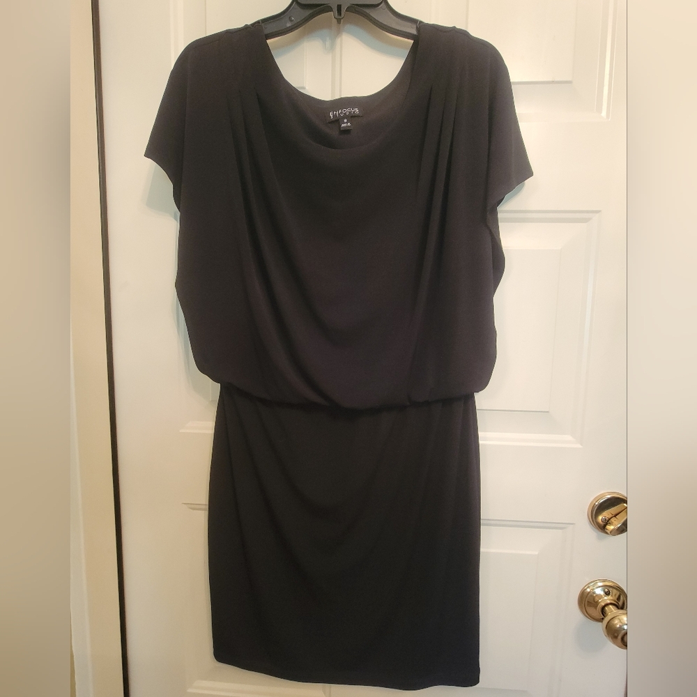 Elegant business tank dress w flowy sleeve overlay elastic stretch waist sz 8